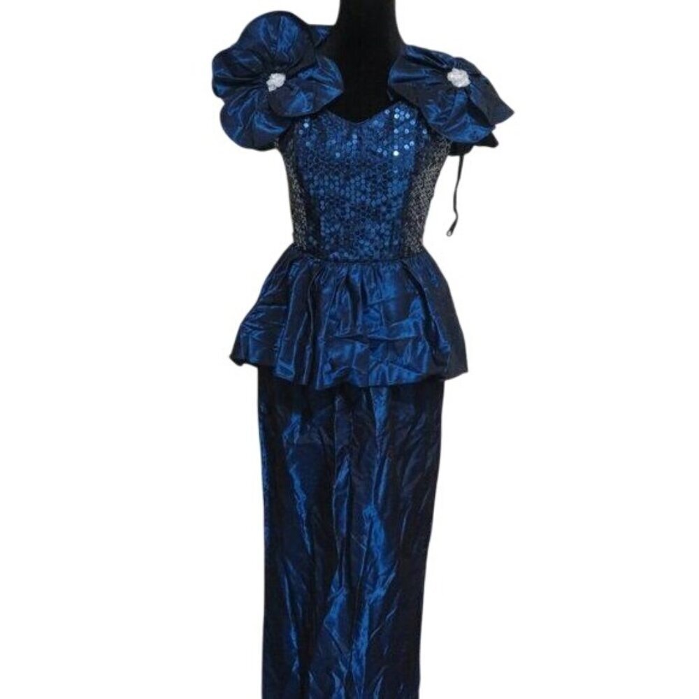 COUTURE Blue Sapphire 1980'S Ruffles & Sequins Peplum Pencil Formal dress sz 10